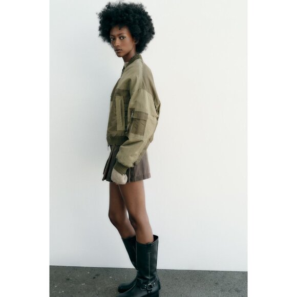ZARA Water Repellant Patchwork Bomber Jacket Green Oversized Size Medium Padded - Picture 11 of 13